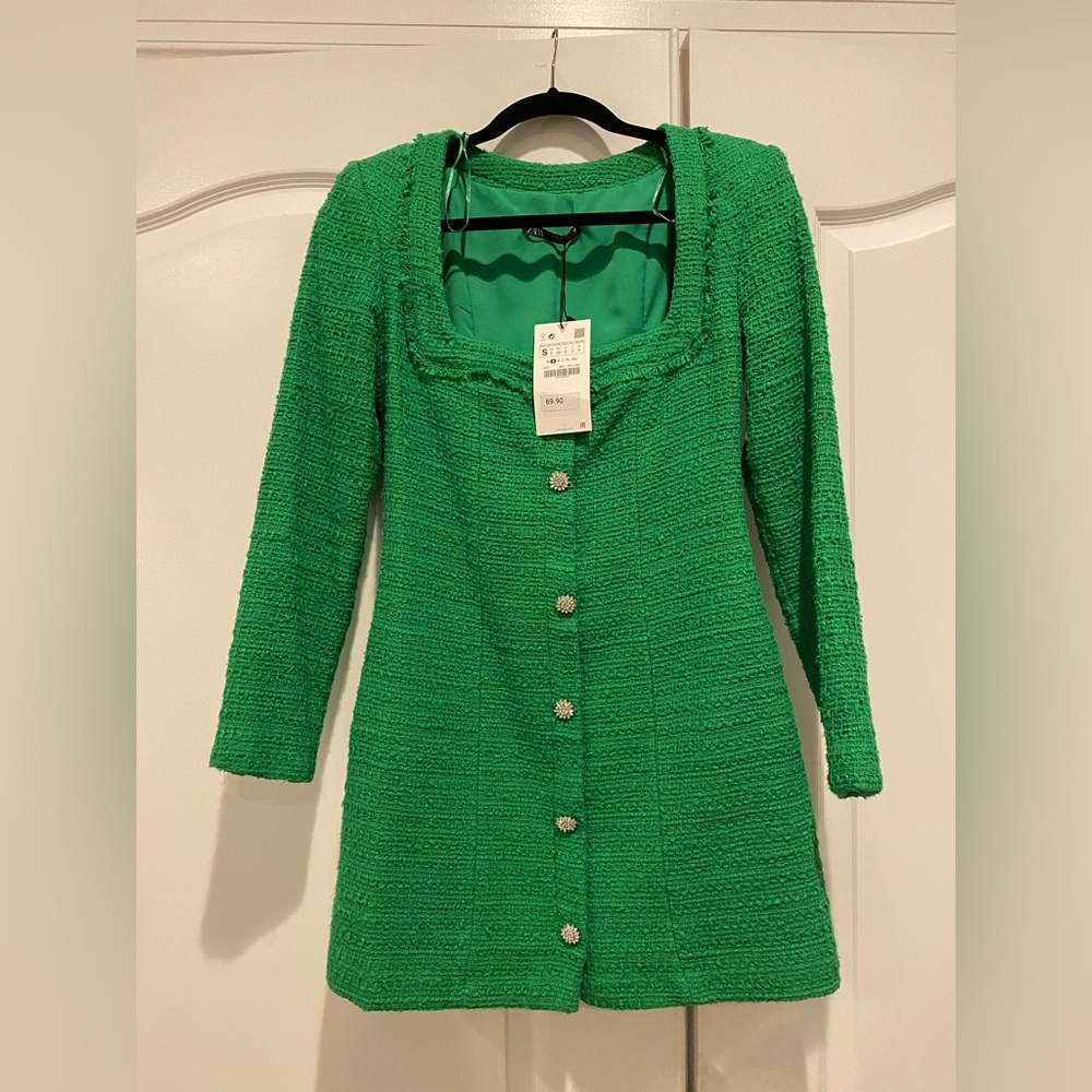 NWT ZARA green tweed textured mini dress with crystal buttons, size small